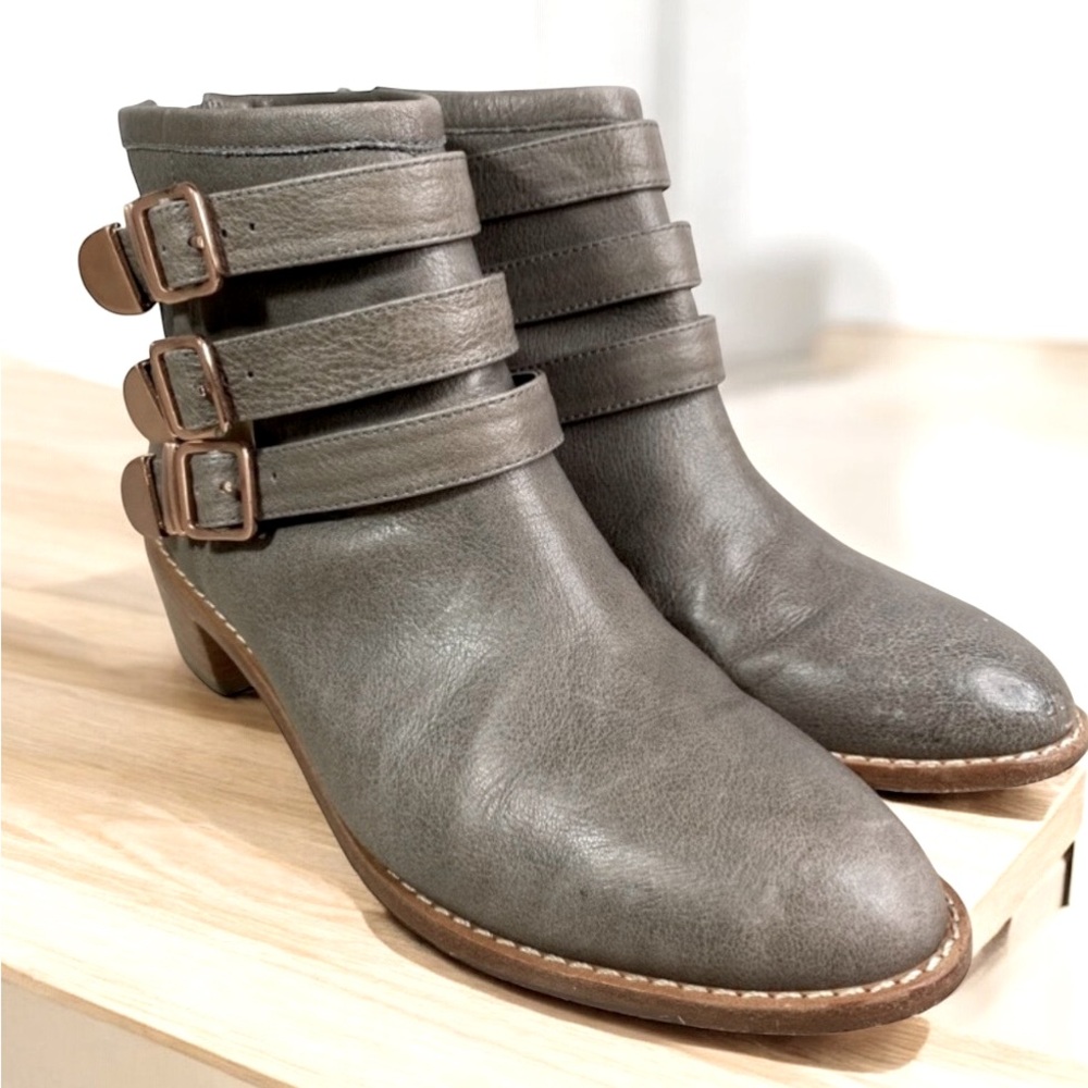 Loeffler Randall Fenton Ankle Boots Gray Rose Gold Buckles As Seen on TV